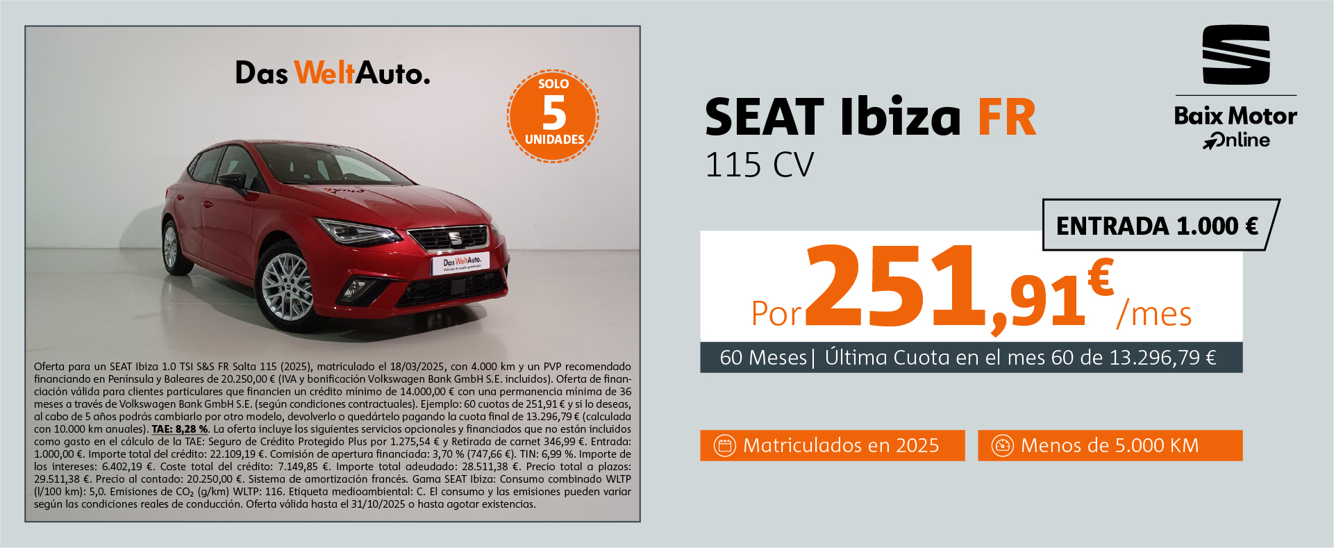 ¡Ocasión! Seat Ibiza FR por 251,91€/mes*